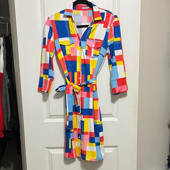 J. McLaughlin Brynn Tile Print Collared Neck 3/4 Sleeve Belted Dress XS - Picture 2 of 6